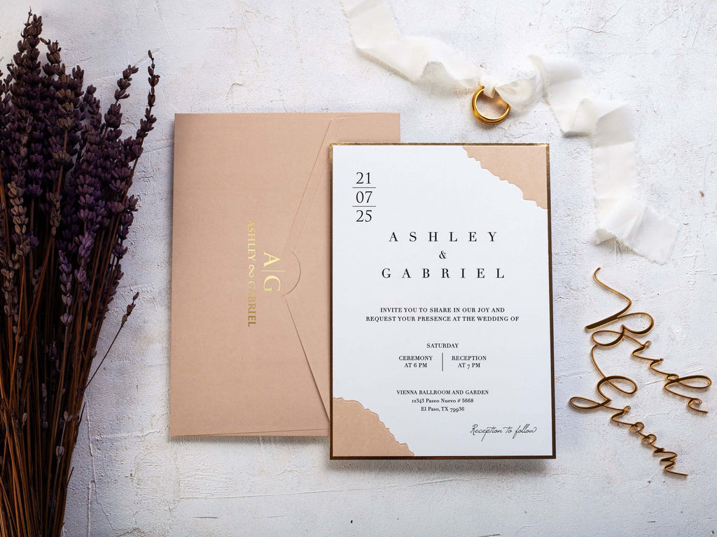 Beige Wedding Invitation, Gold Foil Frame, Beige Invitation and Envelope