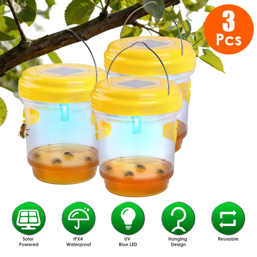 3Pack Solar Wasp Traps Outdoor Hanging Insect Catchers with UV Light for Paper Wasps Yellow Jackets Small Hornets Fruit Flies House Flies