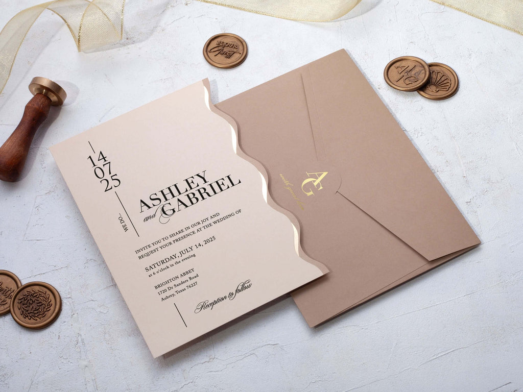 Beige Wedding Invitations | Special Cut with Gold Foil Print