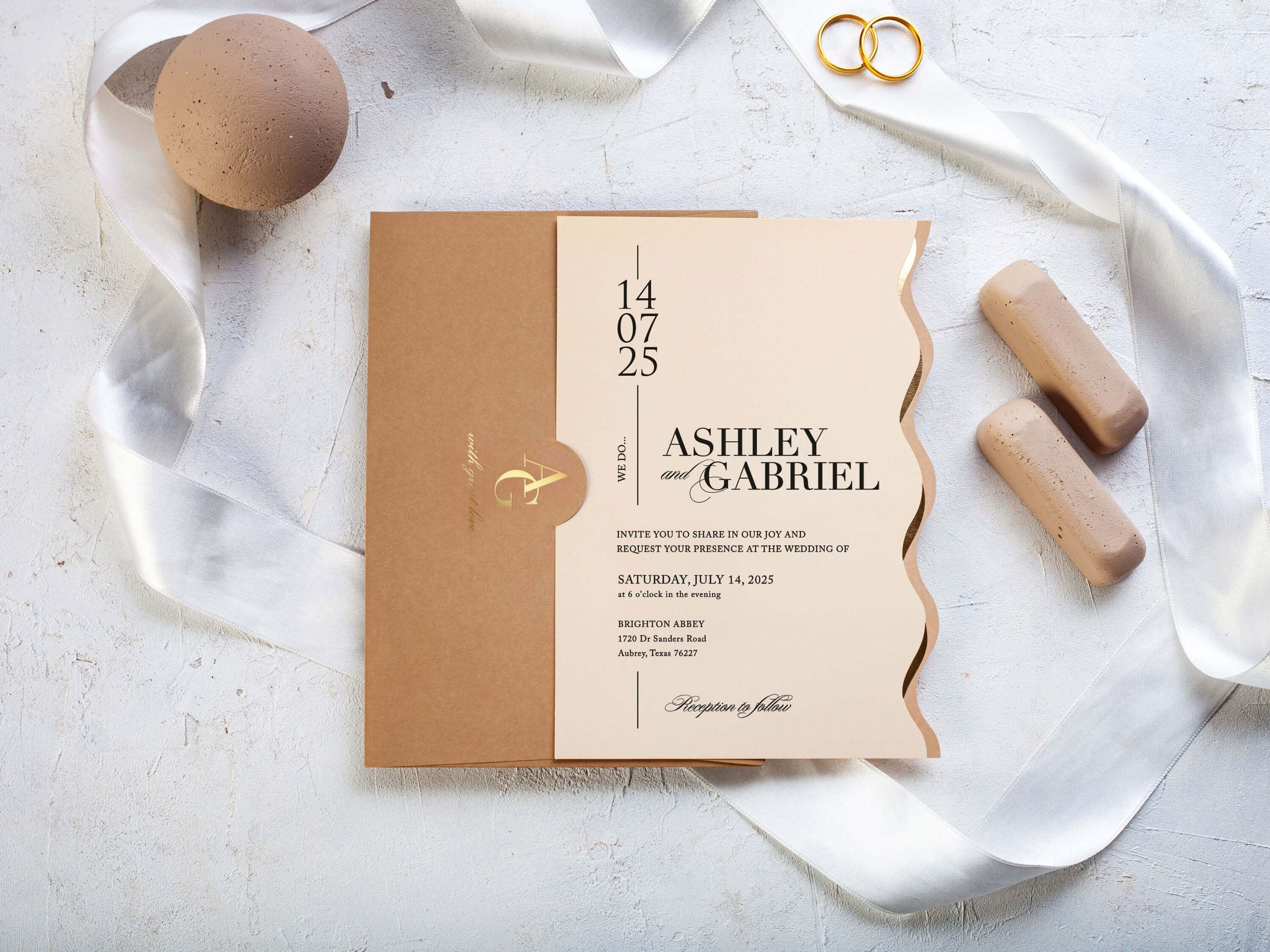 Beige Wedding Invitations | Special Cut with Gold Foil Print