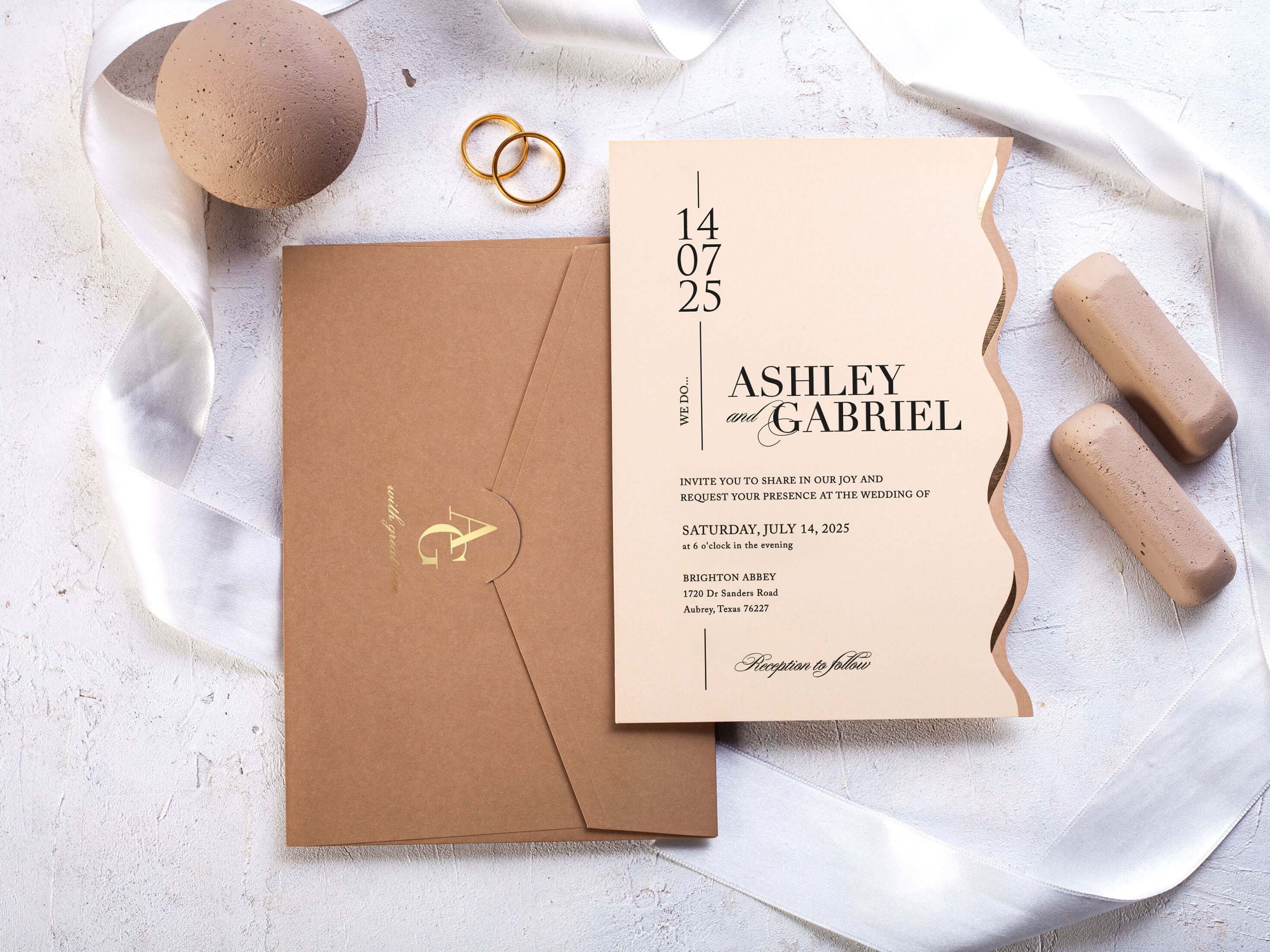 Beige Wedding Invitations | Special Cut with Gold Foil Print