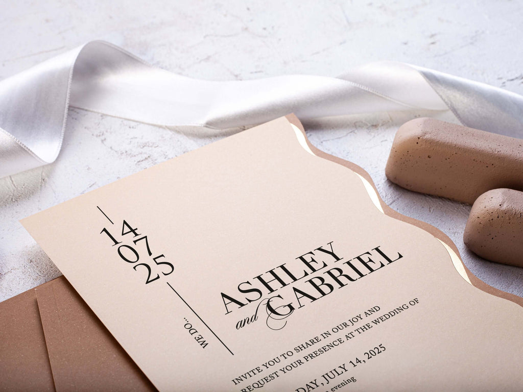Beige Wedding Invitations | Special Cut with Gold Foil Print