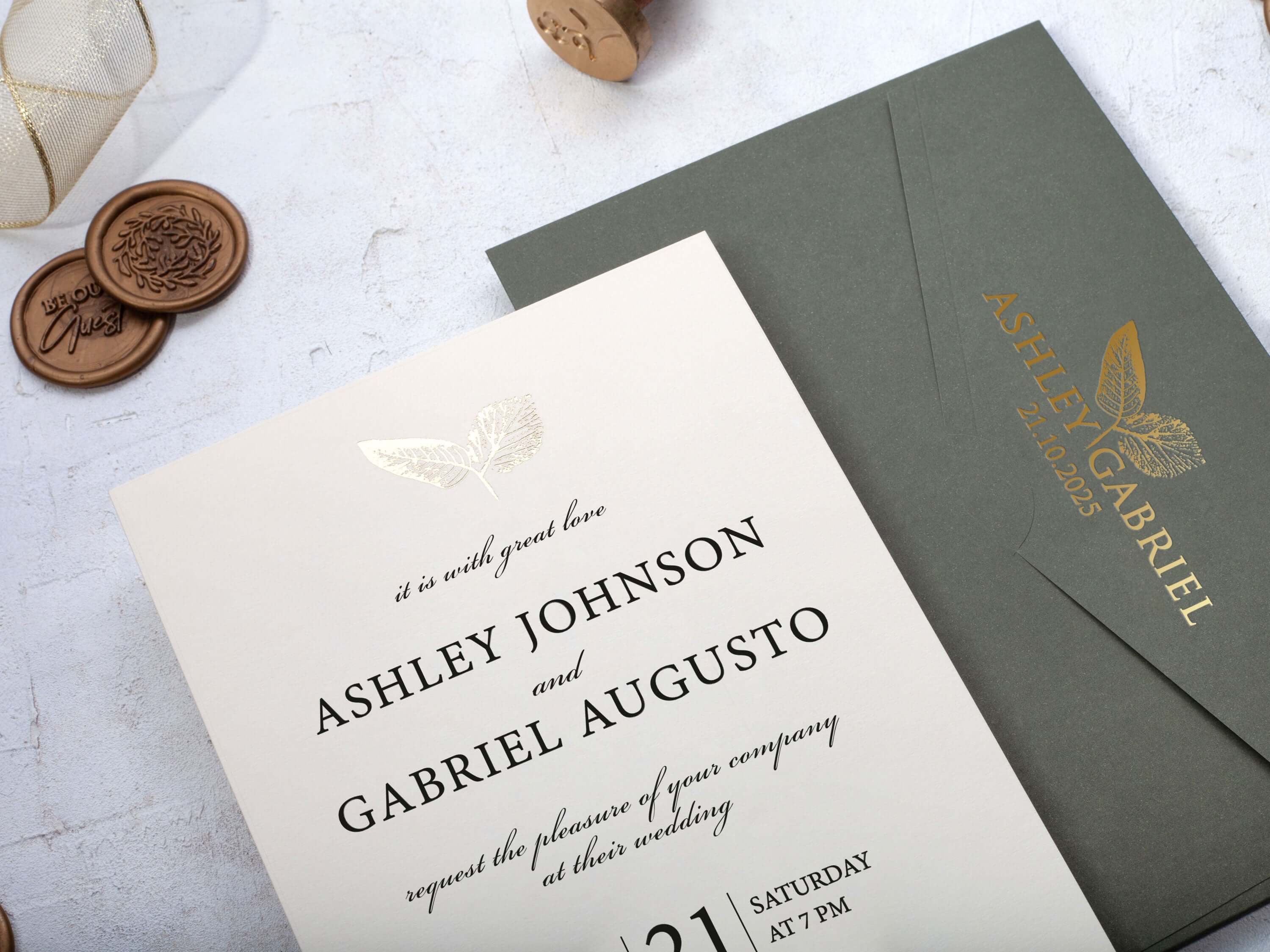 Minimalist Wedding Invitation with Khaki Green Envelope Inspired by Nature