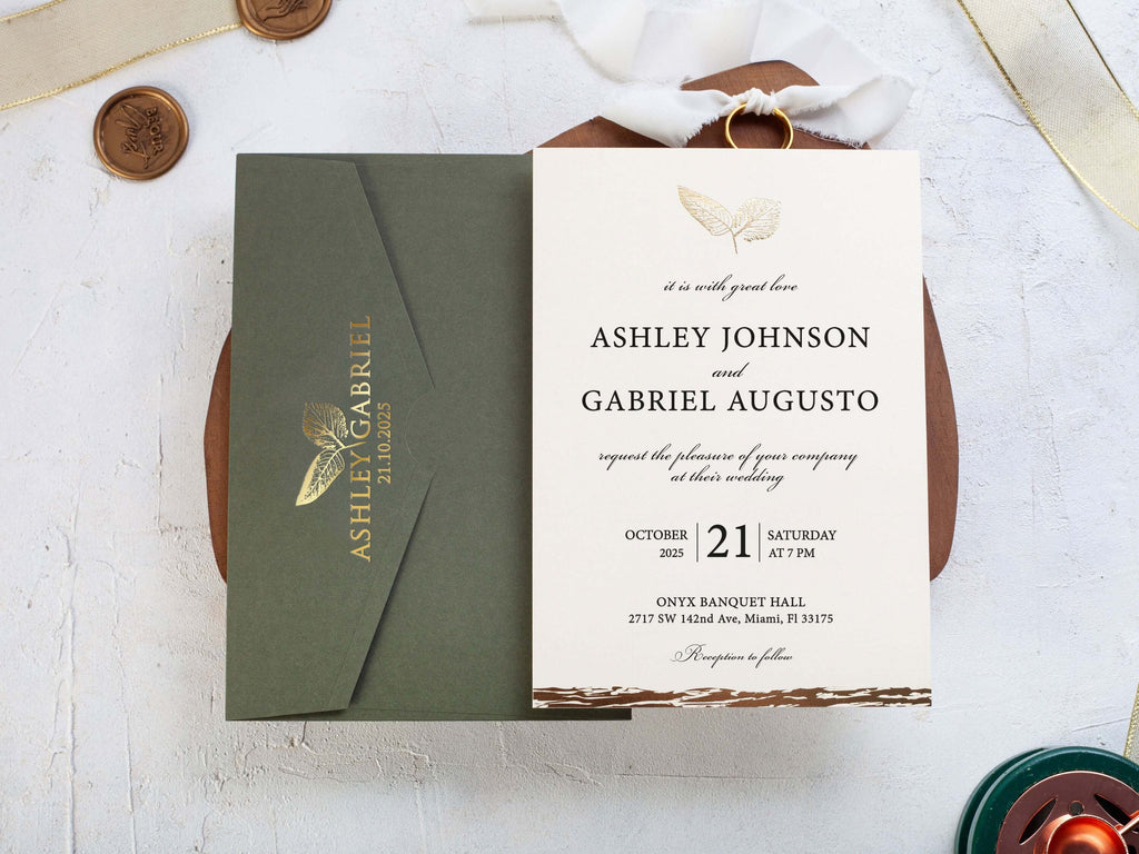 Minimalist Wedding Invitation with Khaki Green Envelope Inspired by Nature