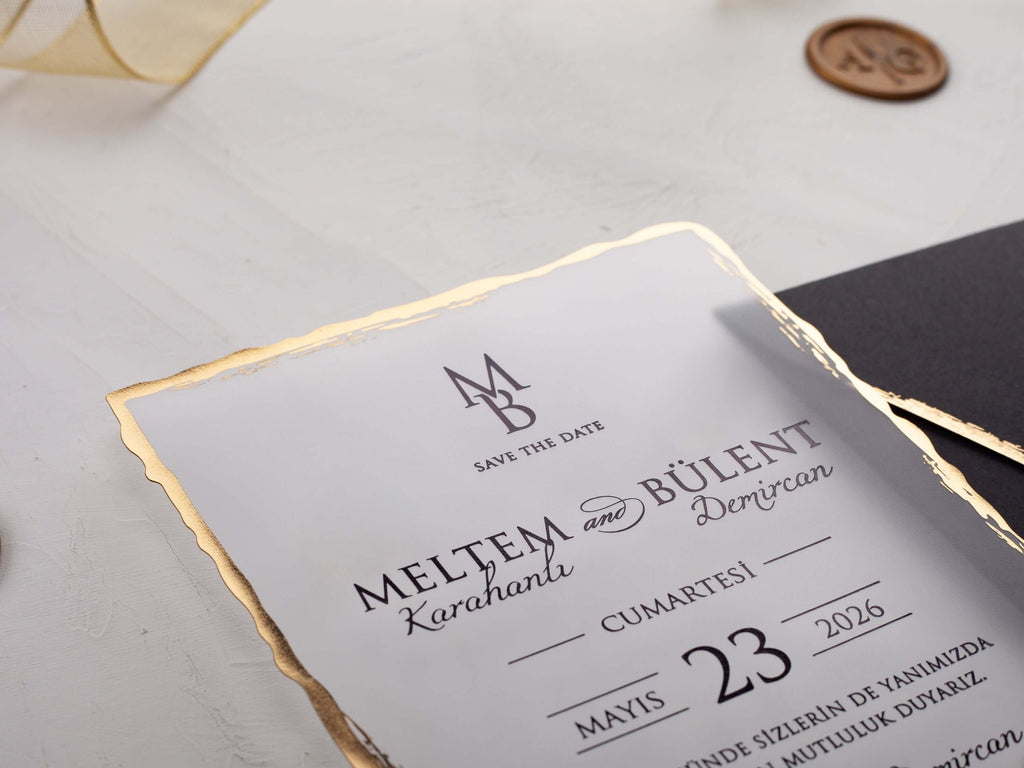 Deckle Edge Acrylic Wedding Invitation with Gold Foil Frame
