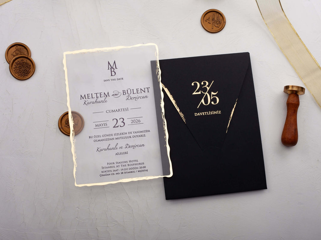 Deckle Edge Acrylic Wedding Invitation with Gold Foil Frame