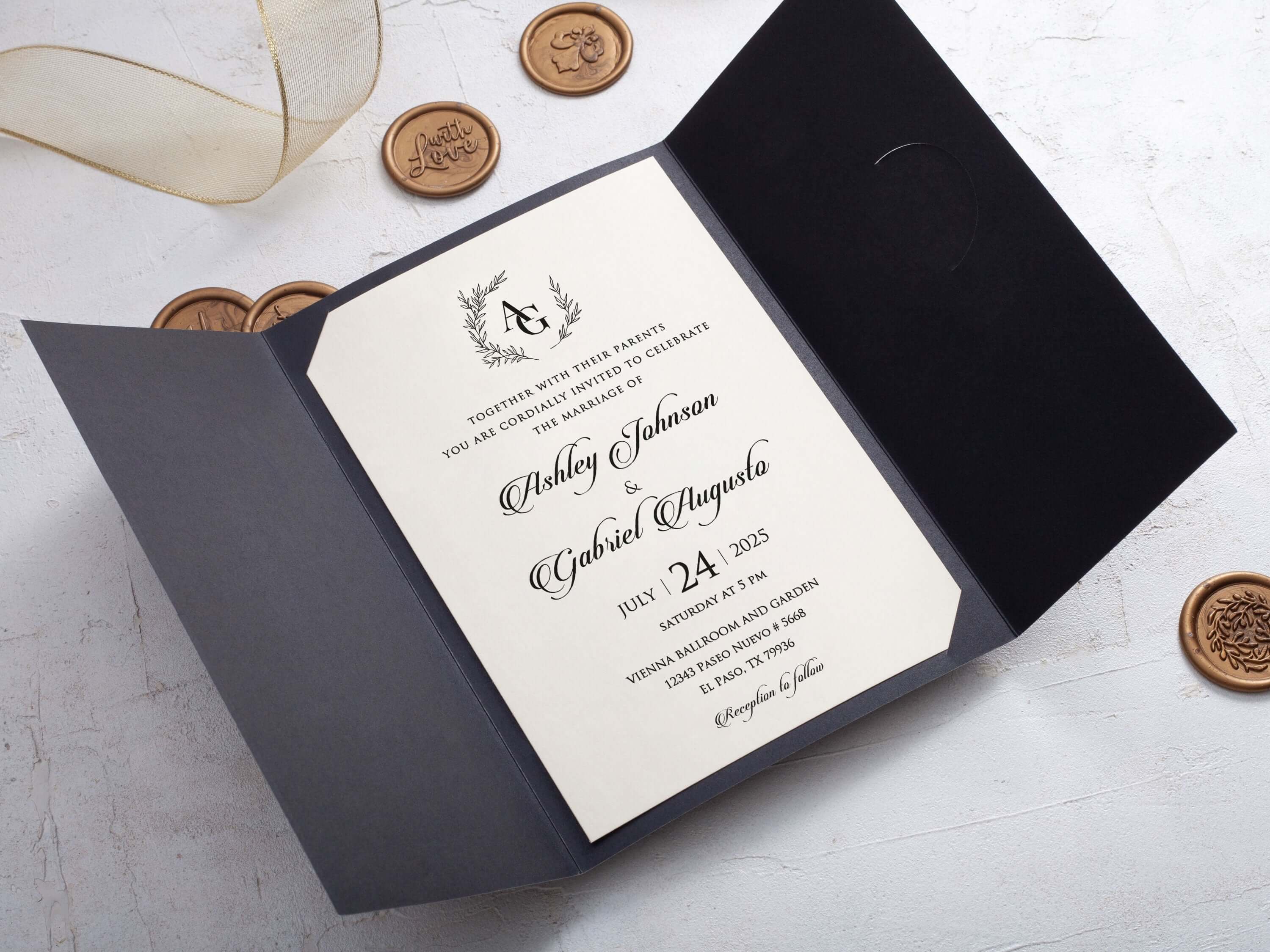 Black Gatefold Wedding Invitations with Gold Foil Detail