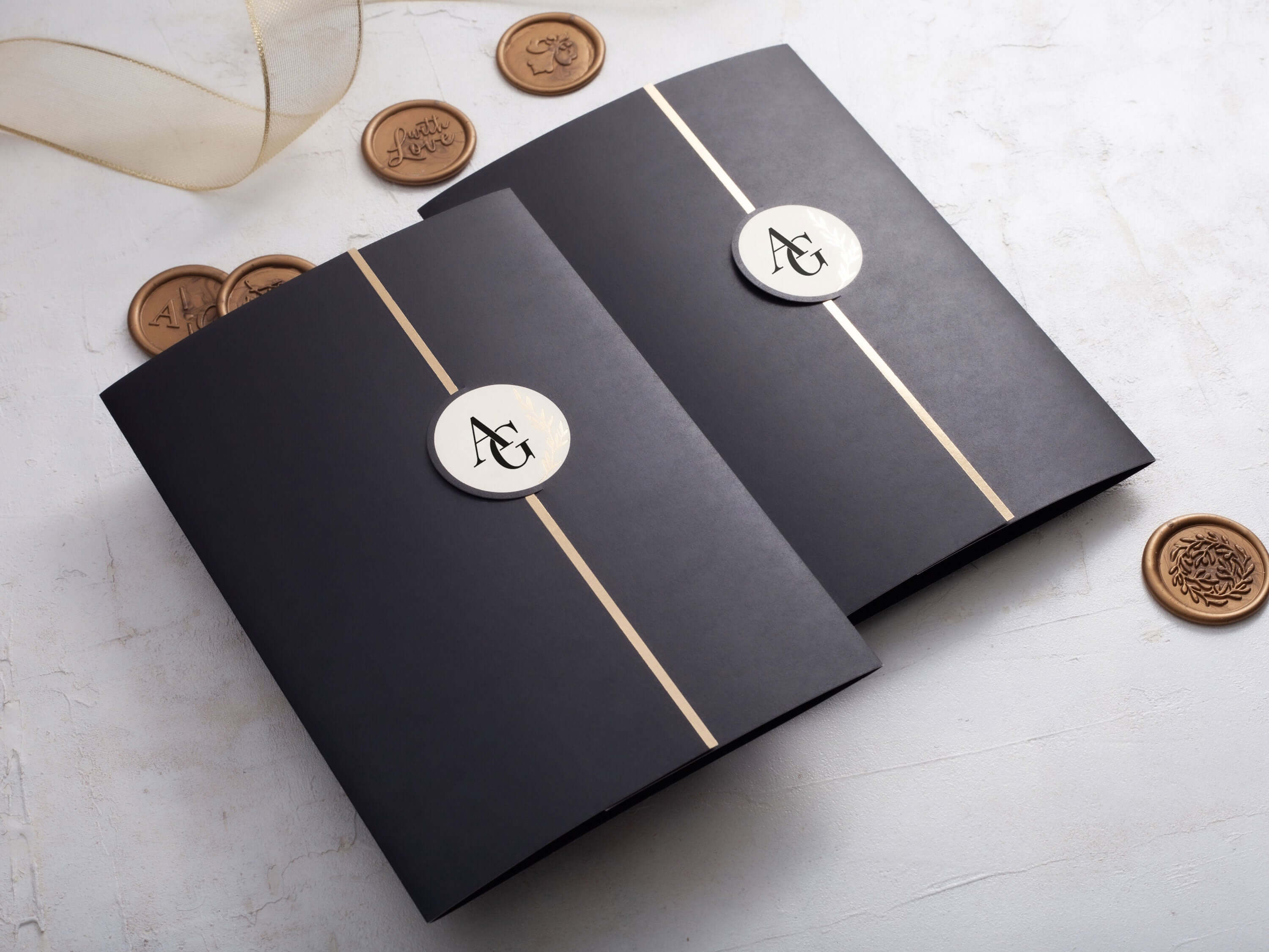 Black Gatefold Wedding Invitations with Gold Foil Detail