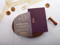 Elegant Acrylic Wedding Invitation with Purple Envelope and Gold Foil Printing