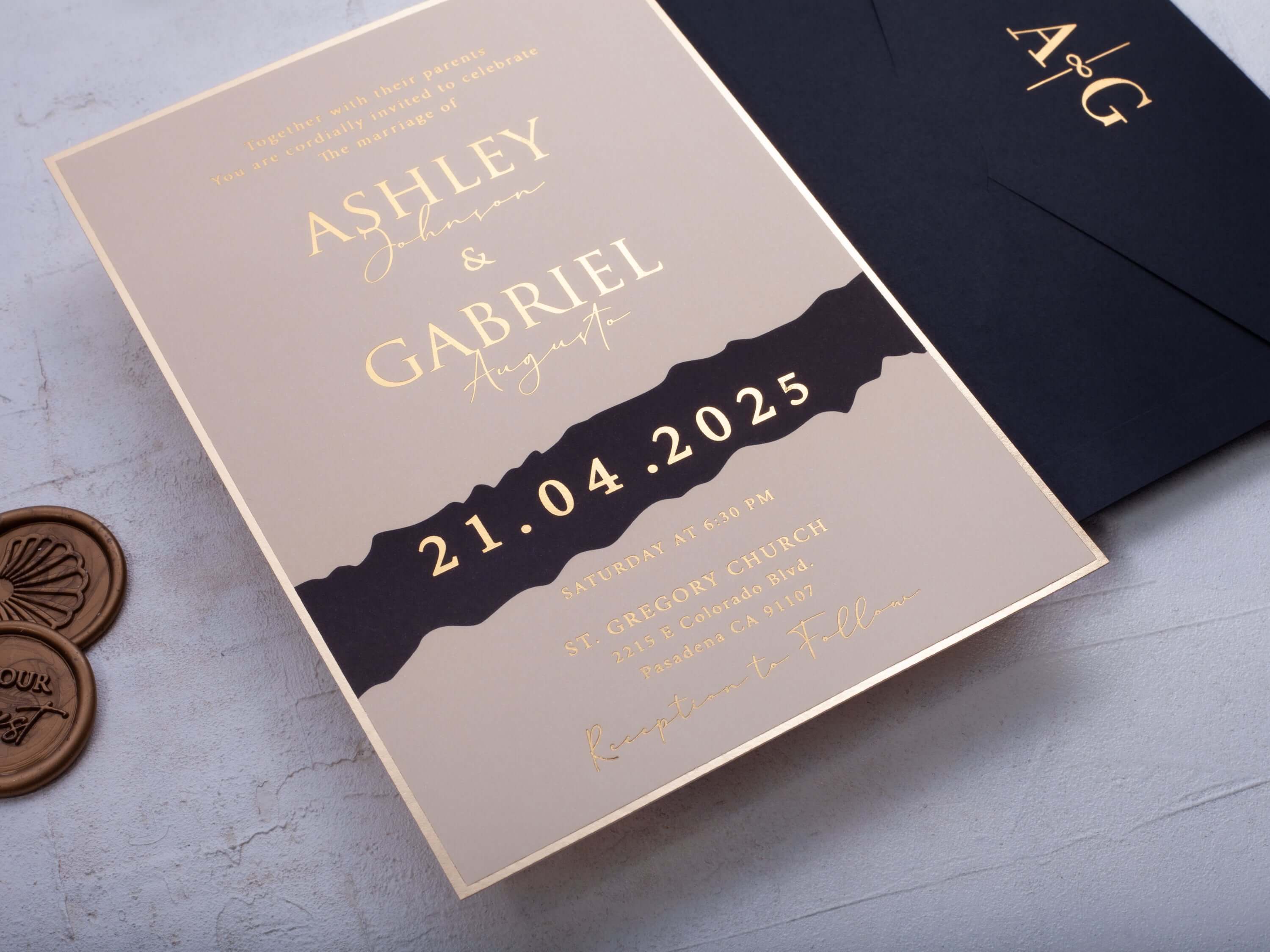 Cream Pink Modern Look Paper Wedding invitation with Black Envelope