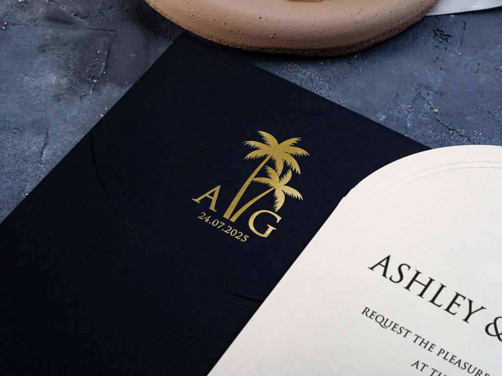 Arch Wedding Invitation with Black Envelope and Gold Foil Palm Tree Detail