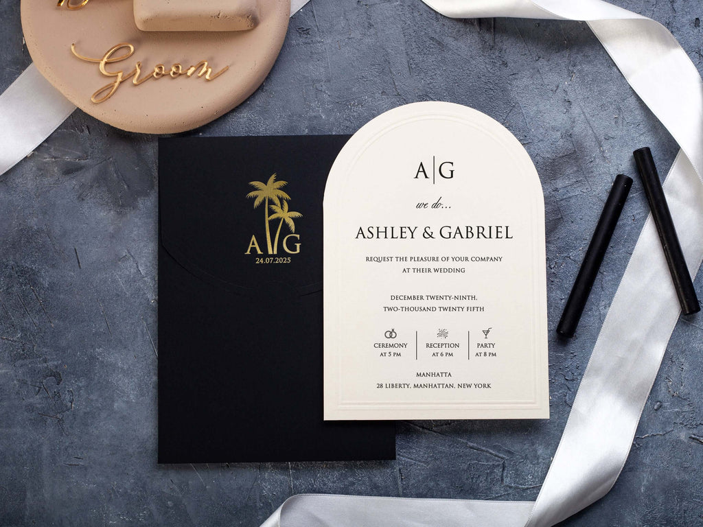 Arch Wedding Invitation with Black Envelope and Gold Foil Palm Tree Detail