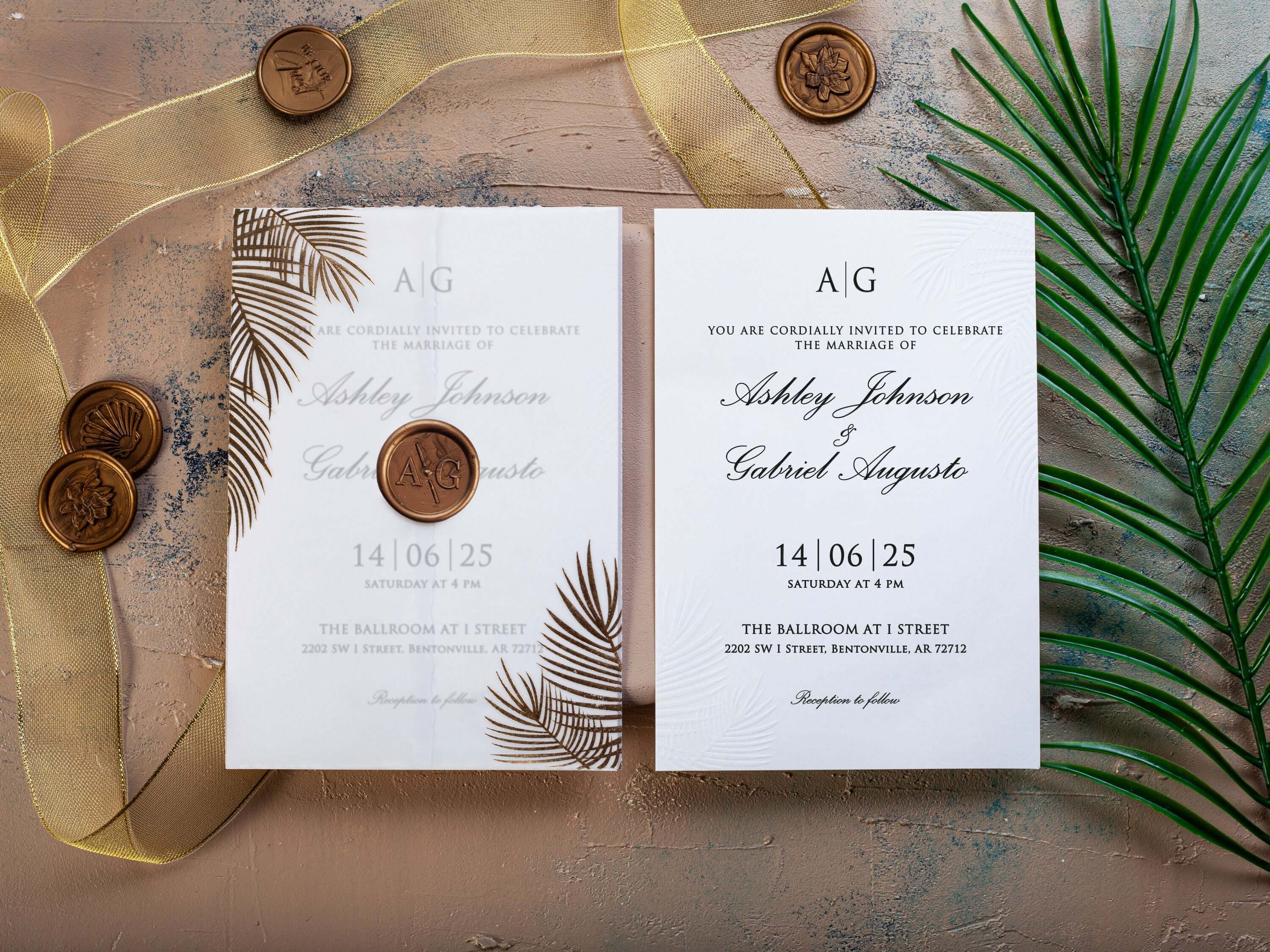 Blind Embossed Wedding Invitation with Palm Leaf Detail