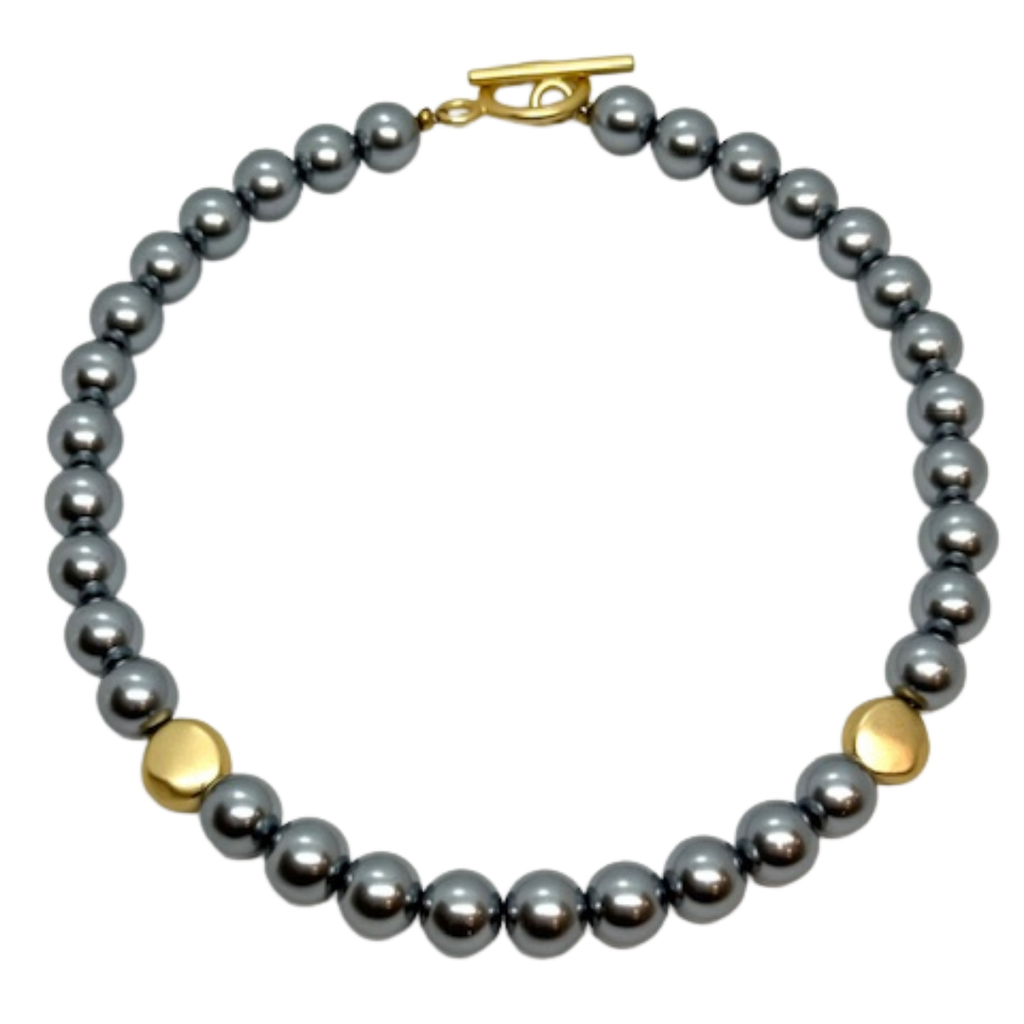 Grey Pearl With Matte Gold Bead Accent Necklace