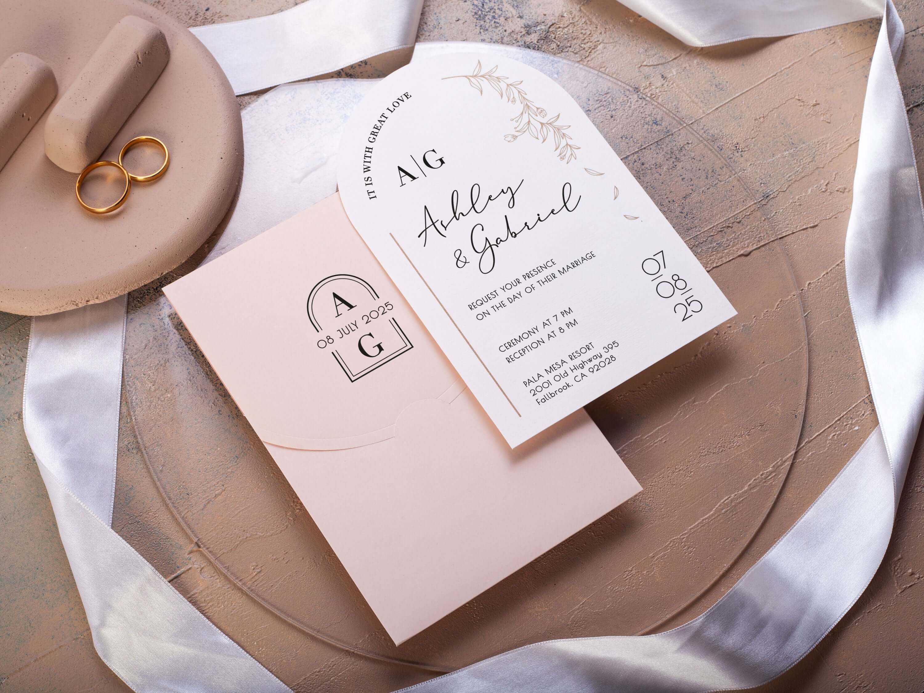 Arch Wedding Invitations with Pink Envelope - Gold Foil Detail