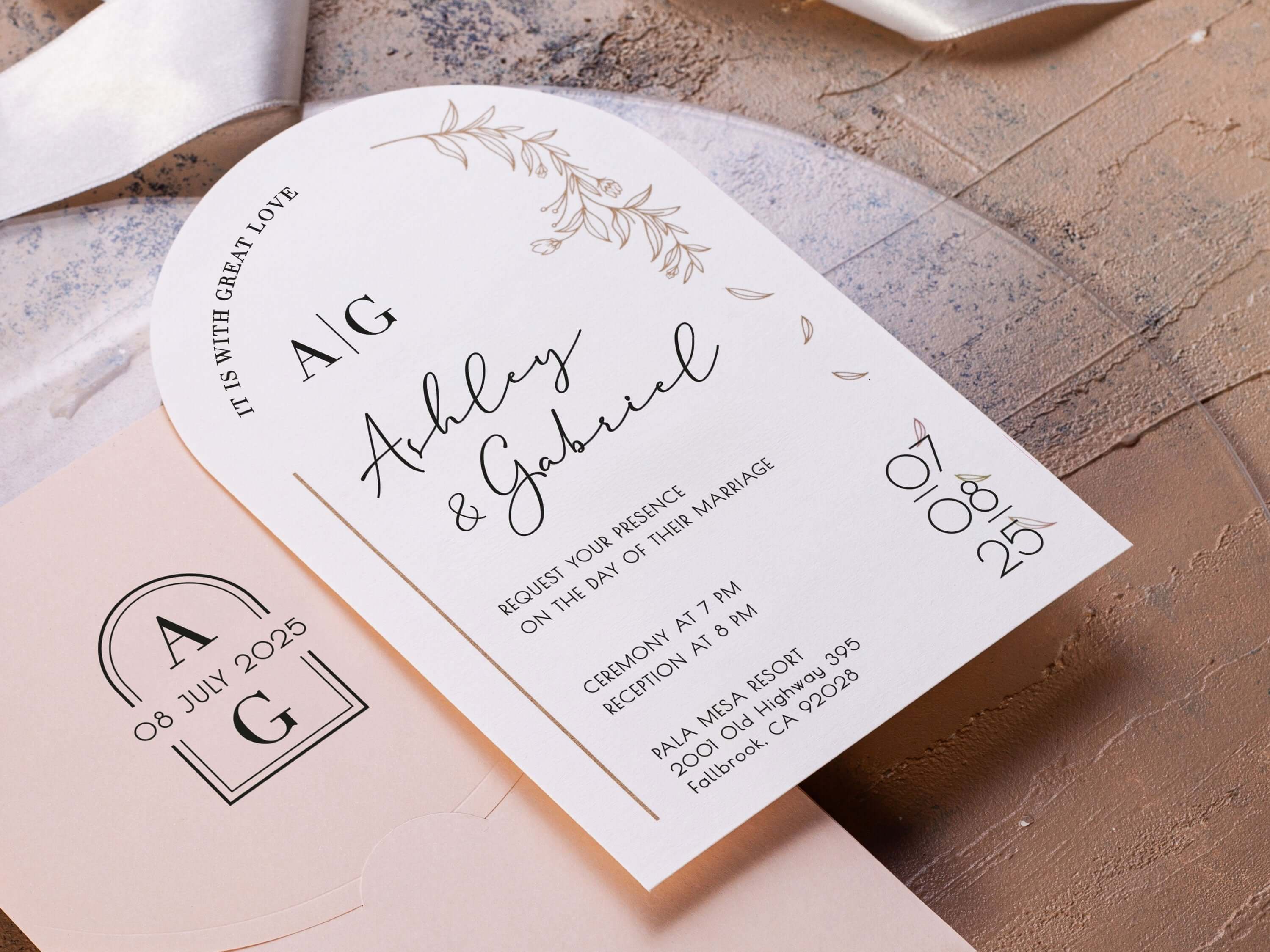 Arch Wedding Invitations with Pink Envelope - Gold Foil Detail