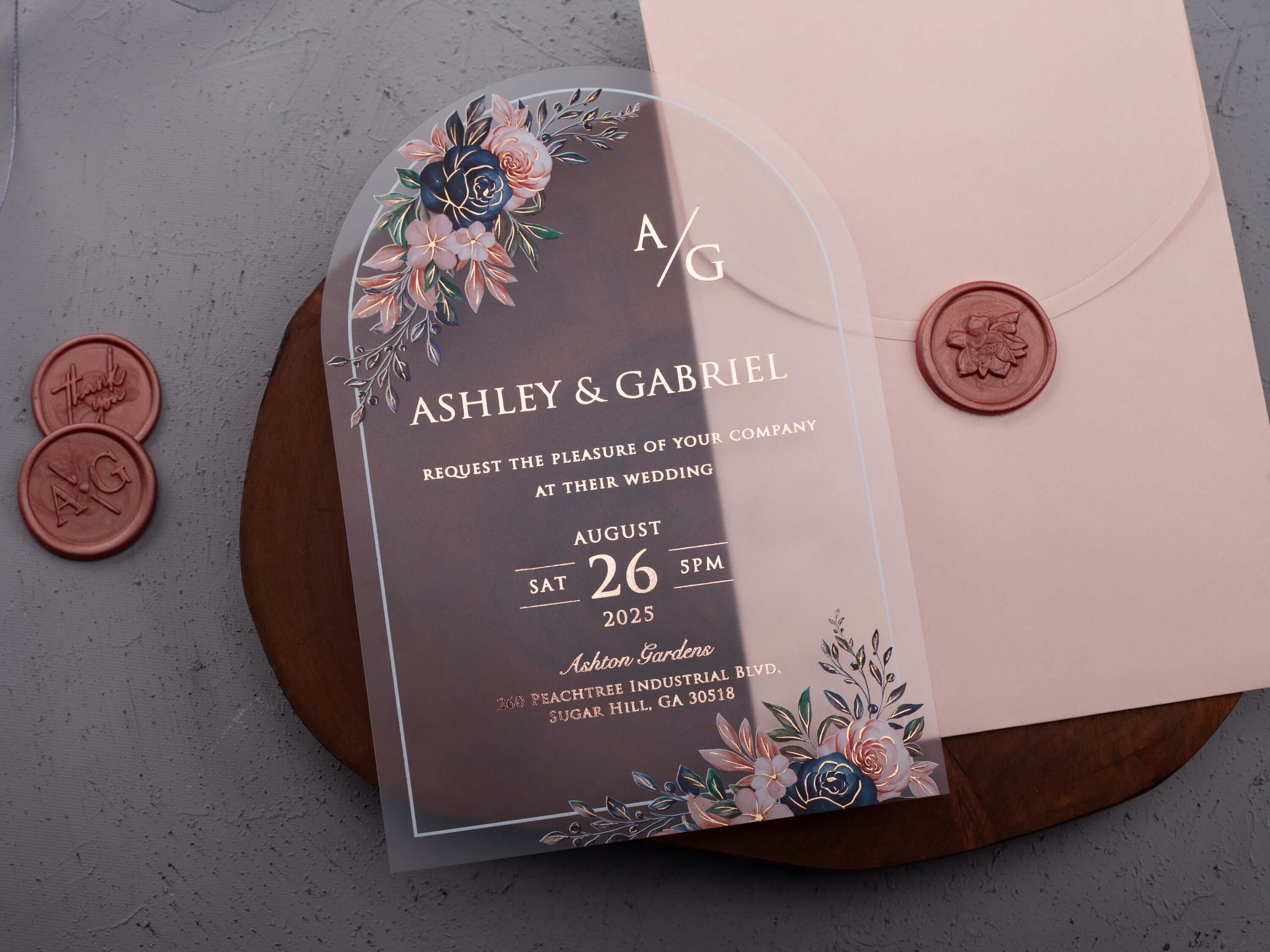 Arch Acrylic Wedding Invitation with Rose Gold Foil | Floral Acrylic Card