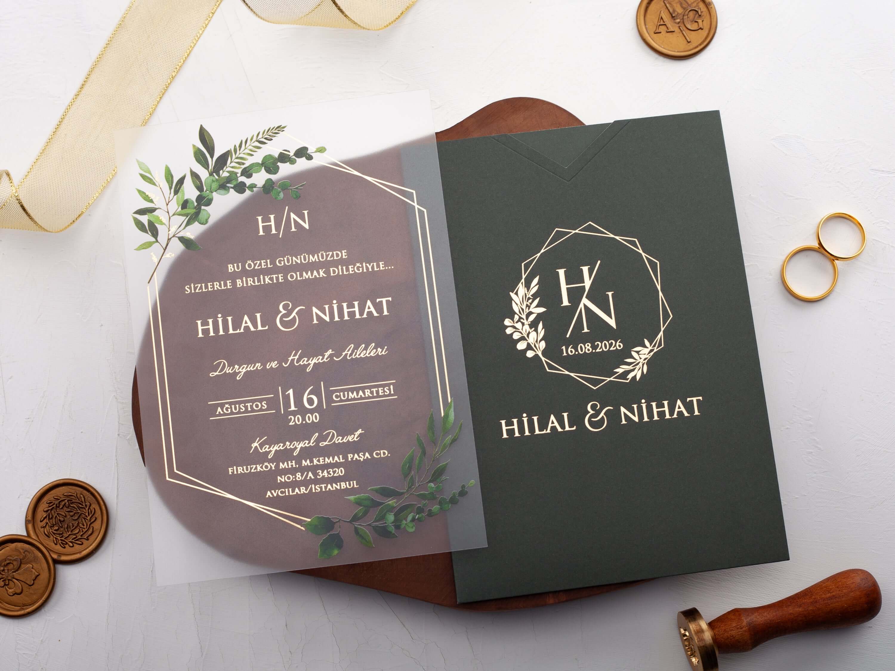 Acrylic Wedding Invitations - Dark Green Envelope | HalyaWedding