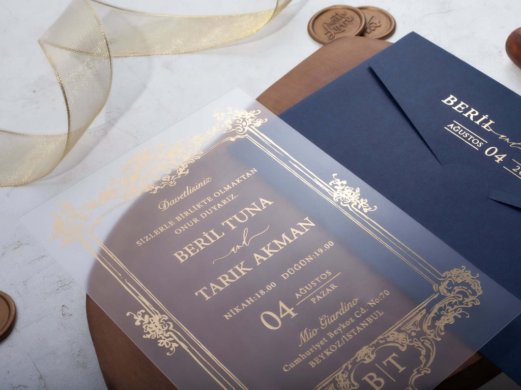 Frame Detailed Acrylic Wedding Invitation with Gold Foil Print