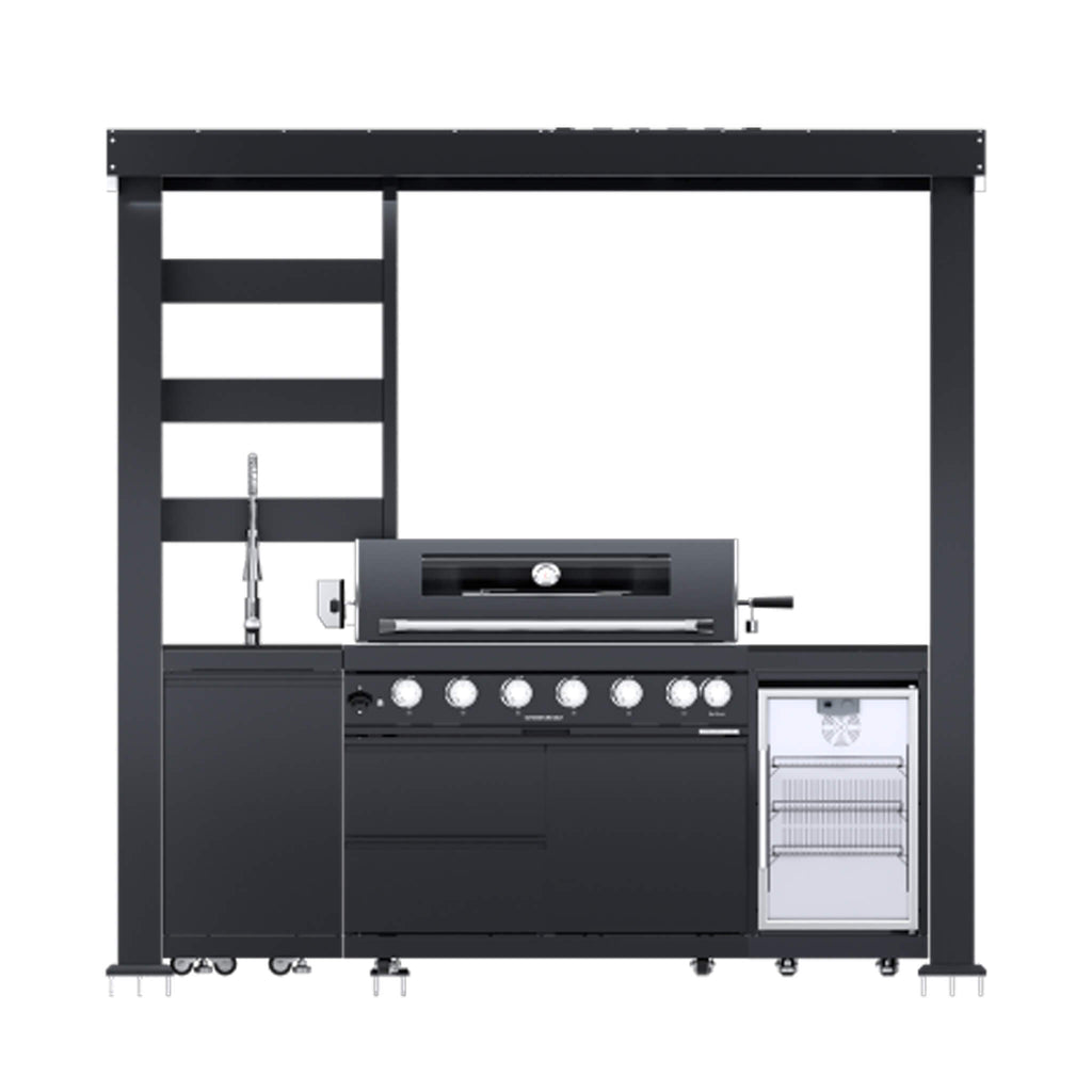Castelle Flame Astoria 94-Inch 6-Burner 85K BTU Outdoor Kitchen Grill Island With Wine Cooler, Rotisserie, Cabinets, And Granite Countertops (SAK68014)