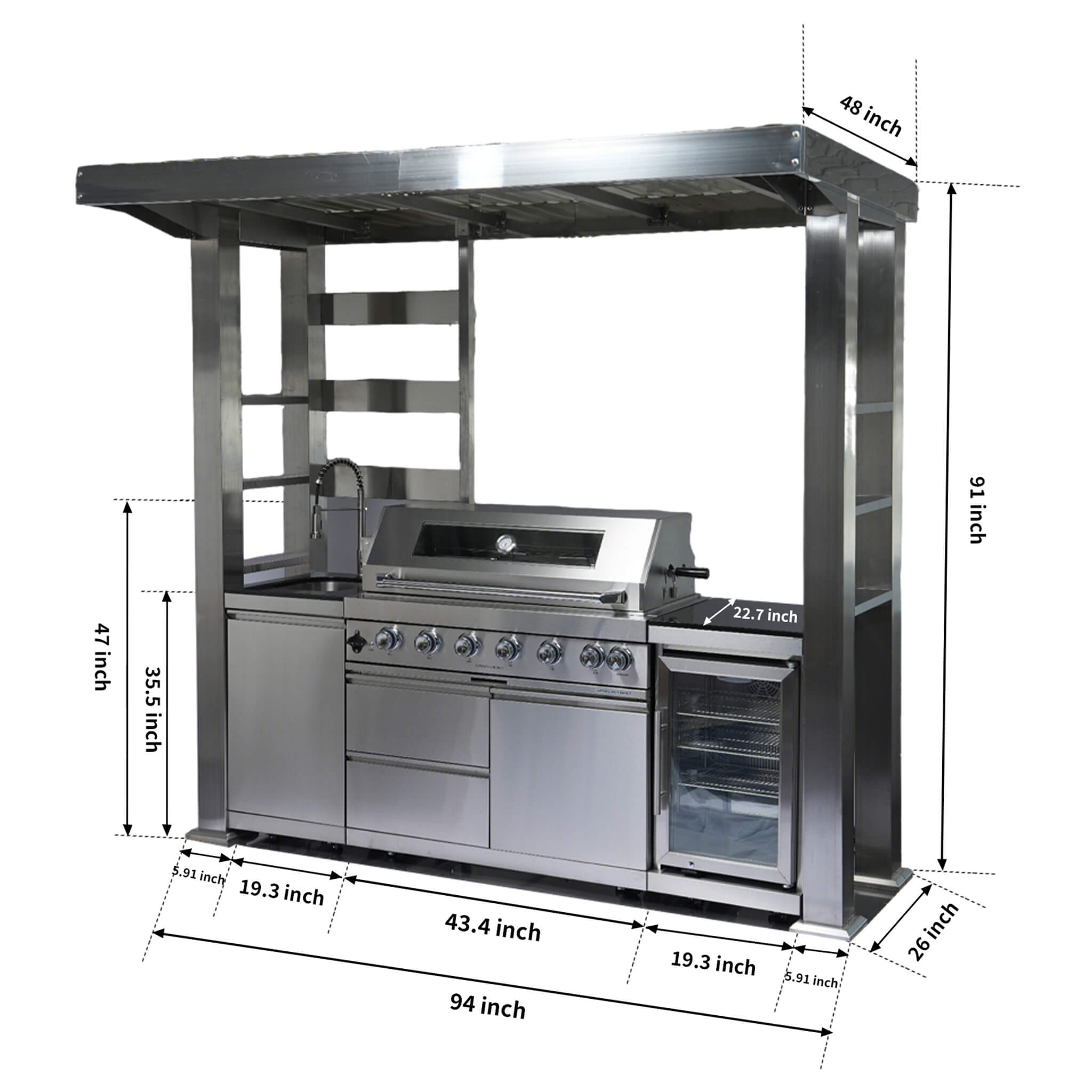 Castelle Flame Astoria 94-Inch 6-Burner 85K BTU Outdoor Kitchen Grill Island With Wine Cooler, Rotisserie, Cabinets, And Granite Countertops (SAK68014)