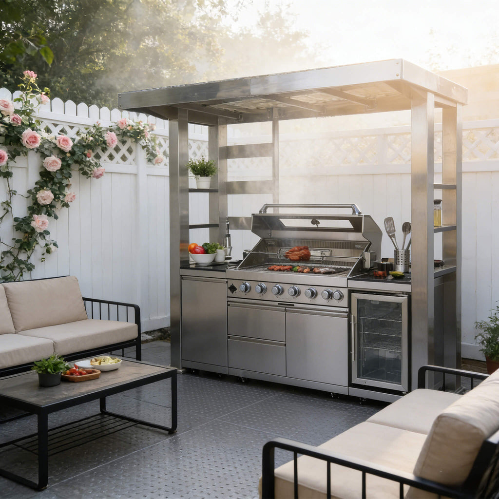 Castelle Flame Astoria 94-Inch 6-Burner 85K BTU Outdoor Kitchen Grill Island With Wine Cooler, Rotisserie, Cabinets, And Granite Countertops (SAK68014)