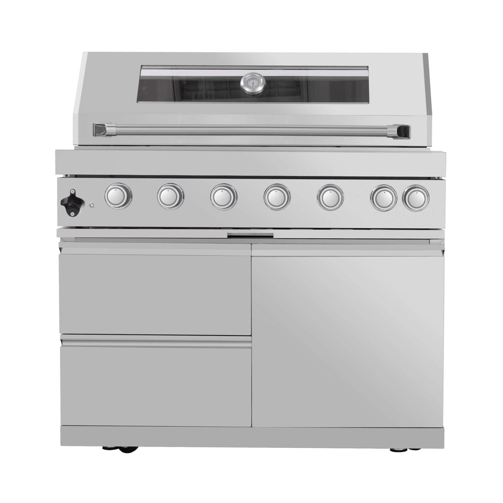 Castelle Flame Astoria 94-Inch 6-Burner 85K BTU Outdoor Kitchen Grill Island With Wine Cooler, Rotisserie, Cabinets, And Granite Countertops (SAK68014)