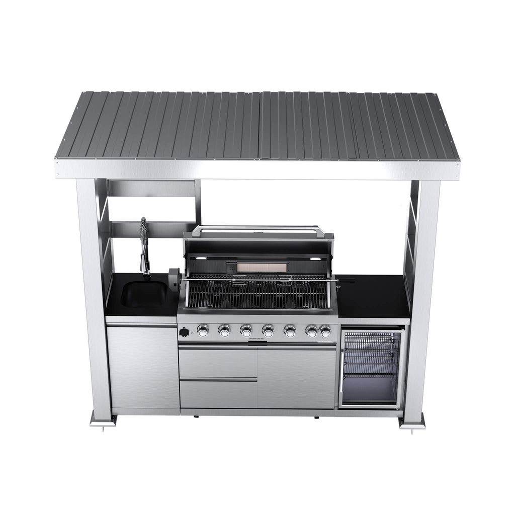 Castelle Flame Astoria 94-Inch 6-Burner 85K BTU Outdoor Kitchen Grill Island With Wine Cooler, Rotisserie, Cabinets, And Granite Countertops (SAK68014)