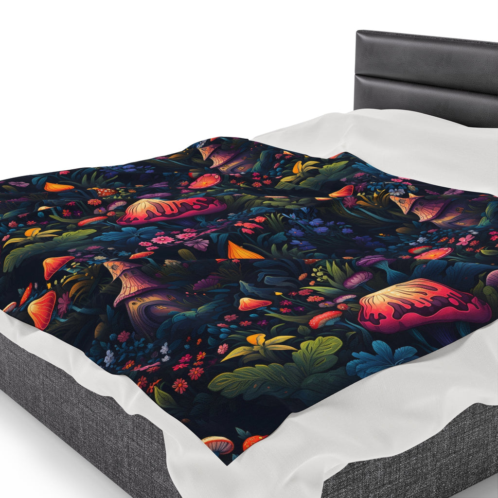 Fairy Tale Magical Forest With Colorful Mushrooms Velveteen Plush Blanket