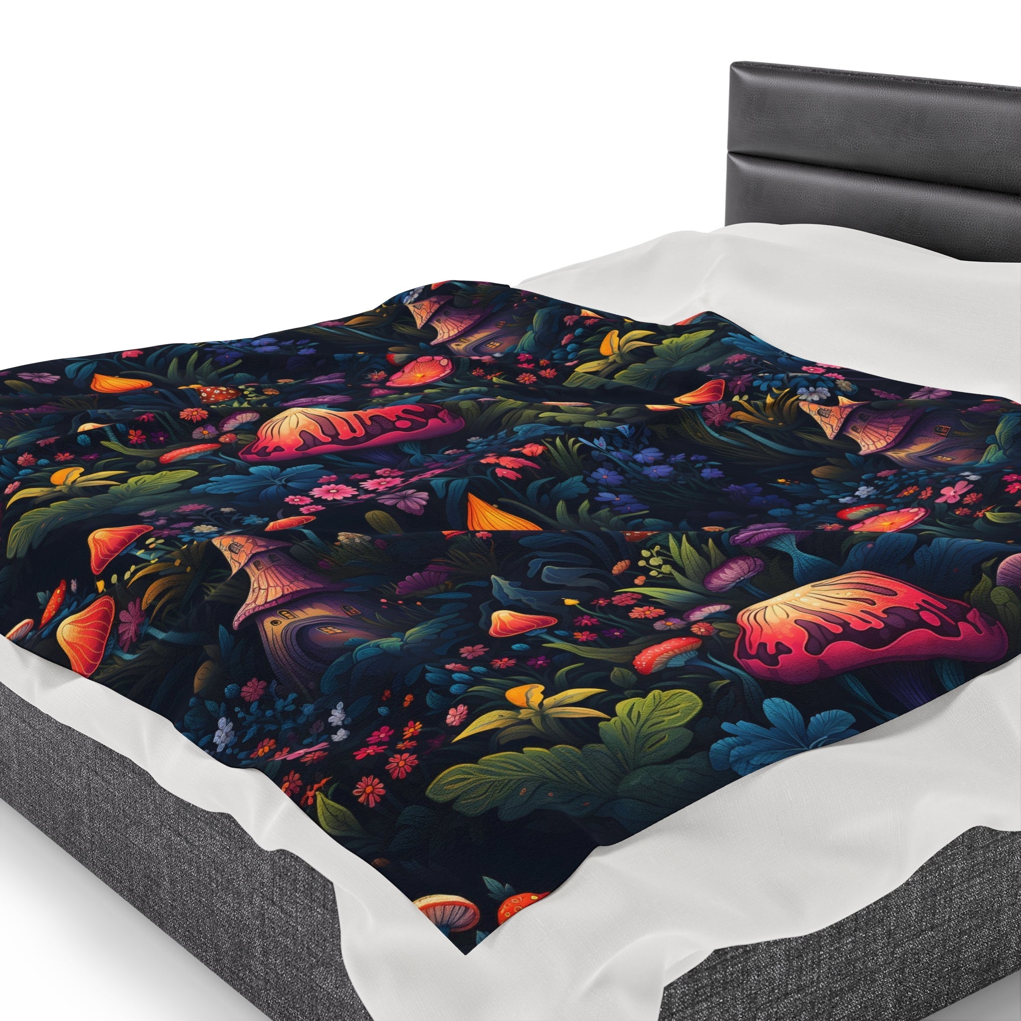 Fairy Tale Magical Forest With Colorful Mushrooms Velveteen Plush Blanket
