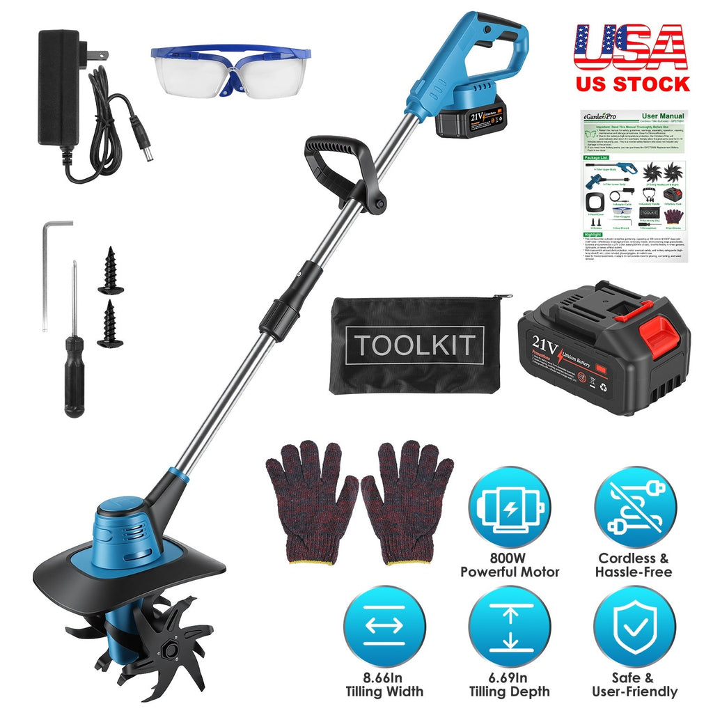 800W 21V Cordless Tiller Cultivator 3.0Ah Battery Powered Tiller with 8.66" Width 6.69" Depth Manganese Steel Tines for Soil Cultivation Weeding Garde