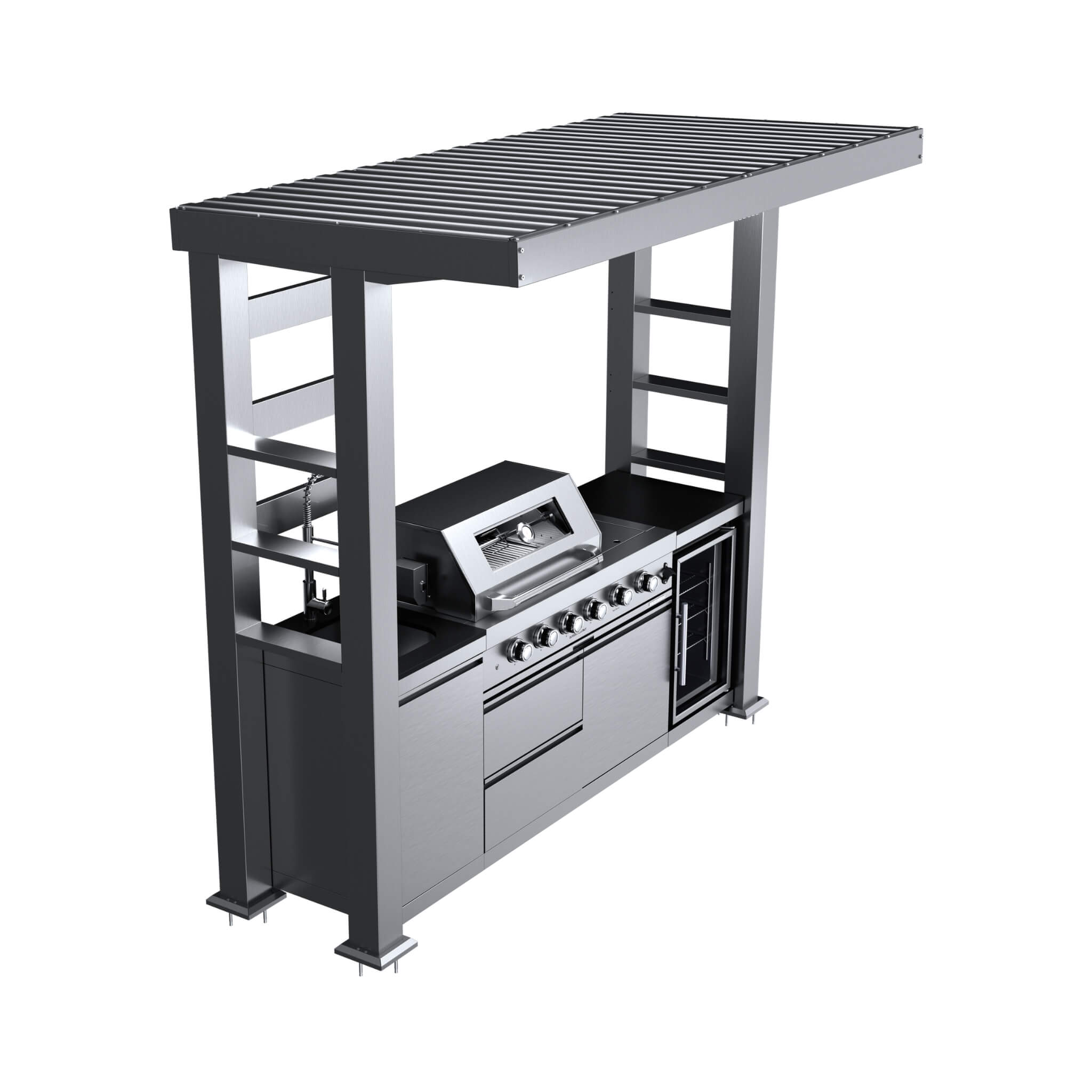 Castelle Flame Amalfi 97-Inch 4-Burner 72K BTU LP Outdoor Kitchen Grill Island With Wine Cooler, Rotisserie, Cabinets, And Granite Countertops (SAK70319)
