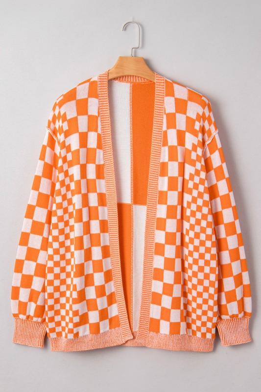 Plus Size Checker Drop Shoulder Open Front Cardiga