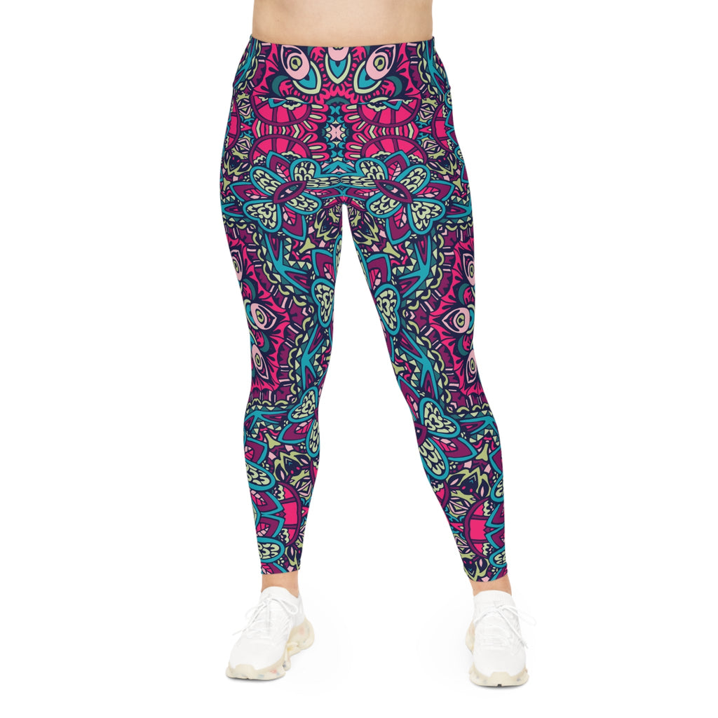 Boho Chic: Red and Blue All-Over Print Plus Size Leggings for Trendsetters