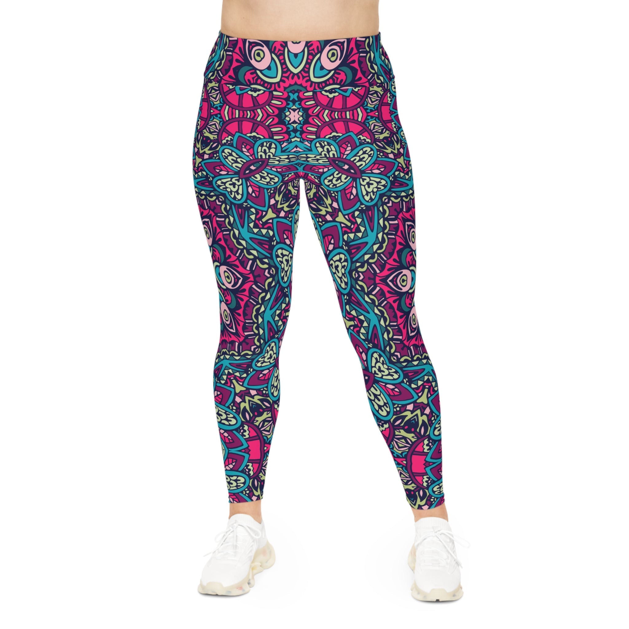 Boho Chic: Red and Blue All-Over Print Plus Size Leggings for Trendsetters