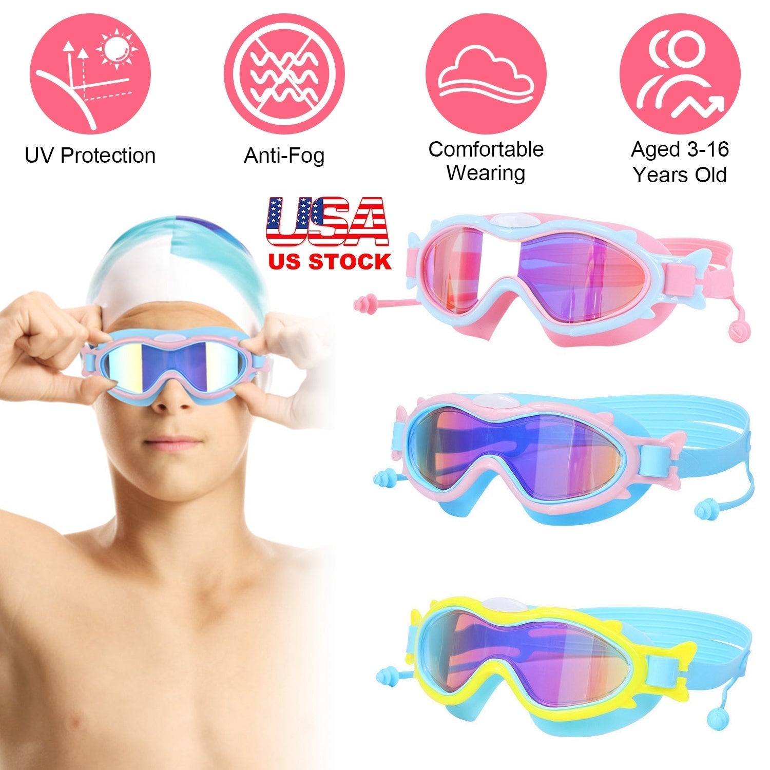 Kids Swim Goggles With Ear Plugs UV Protection Anti-Fog Leak Proof Wide View Pool Swimming Goggles For Youth Boys Girls Aged 3-16 Years Old Summer Bea