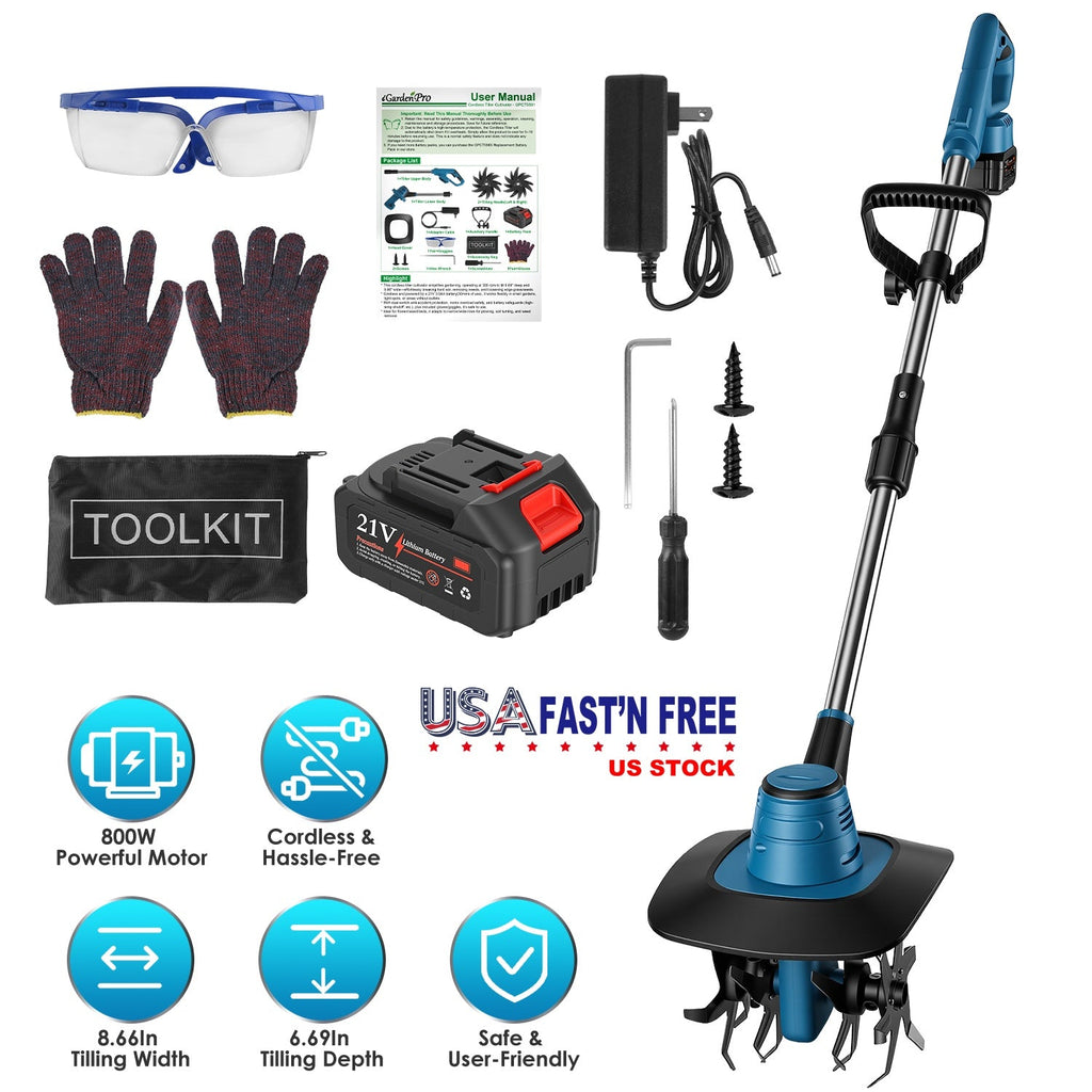800W 21V Cordless Tiller Cultivator 3.0Ah Battery Powered Tiller with 8.66" Width 6.69" Depth Manganese Steel Tines for Soil Cultivation Weeding Garde