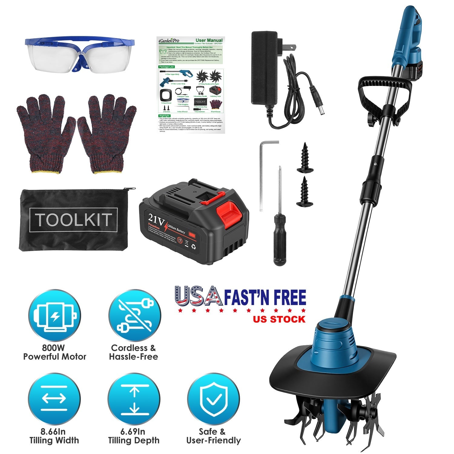 800W 21V Cordless Tiller Cultivator 3.0Ah Battery Powered Tiller with 8.66" Width 6.69" Depth Manganese Steel Tines for Soil Cultivation Weeding Garde