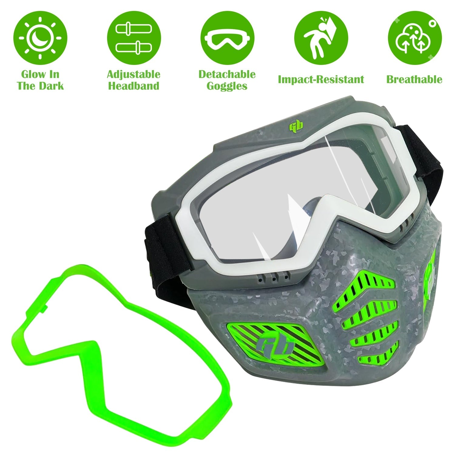 [Not Allowed to Sell on Amazon] Gel Blaster Glow in The Dark Elite Face Mask Full Face Tactical Mask with Detachable Goggles Adjustable Headband Vente
