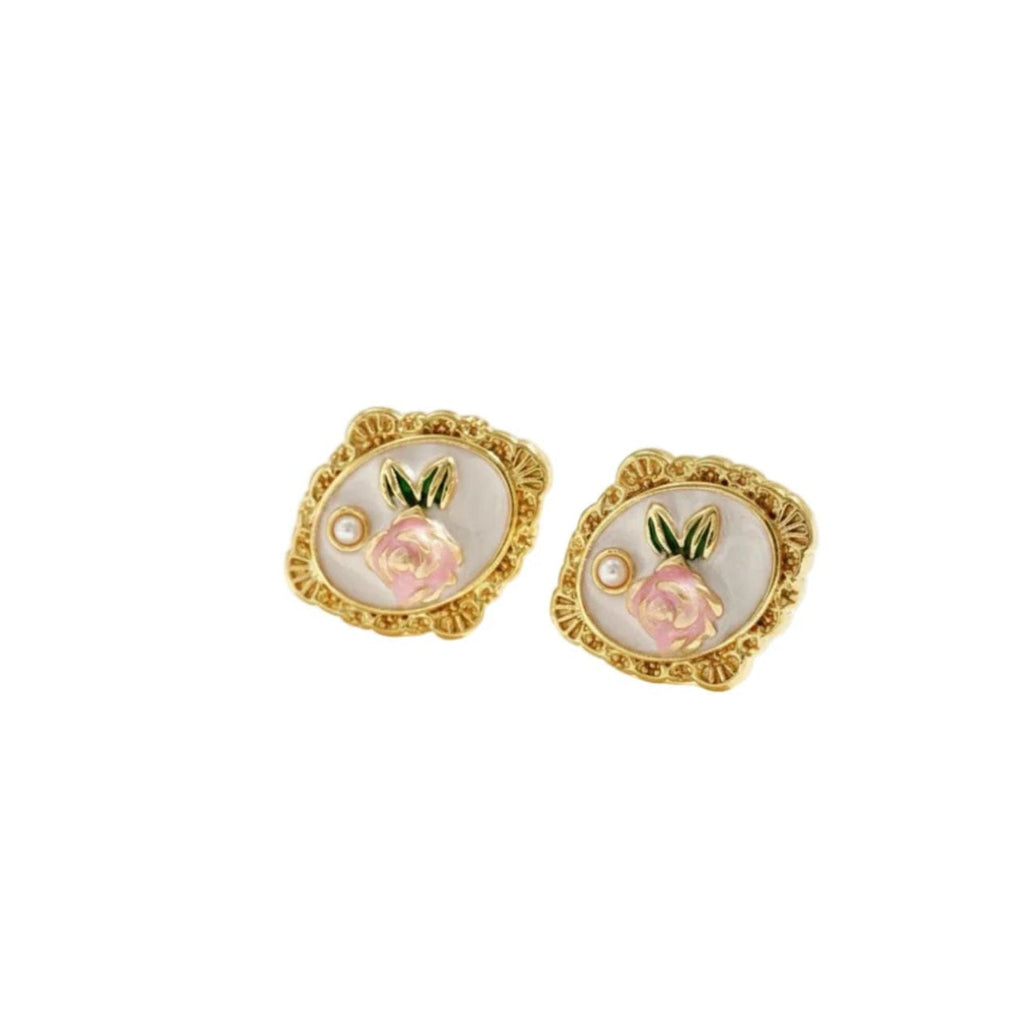 Vintage Style Good Plated Pink Rose Flower Enamel Pearl Stud Earring Danity Gift