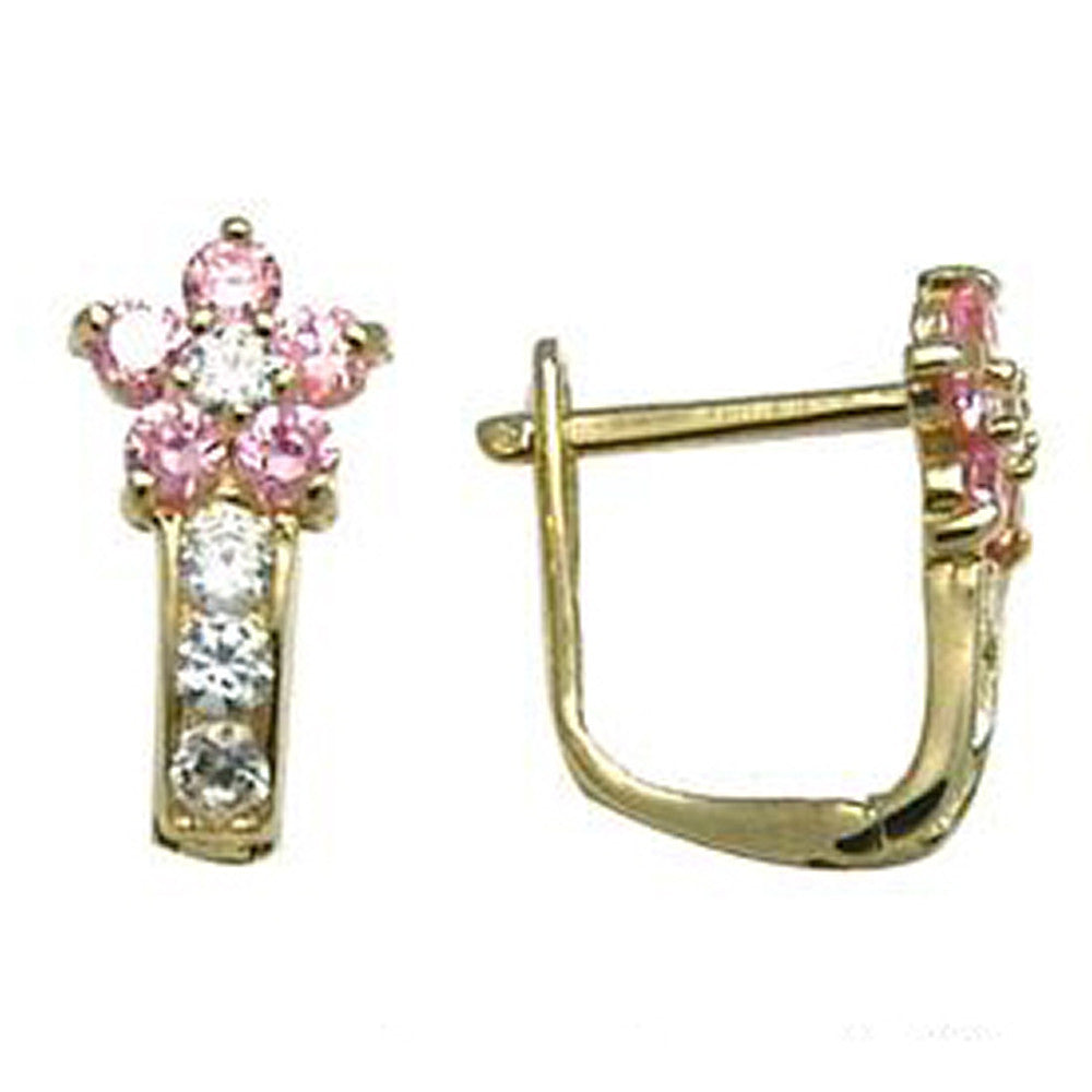 14k Yellow Gold Pink and Clear Cubic Zirconia Flower Earrings