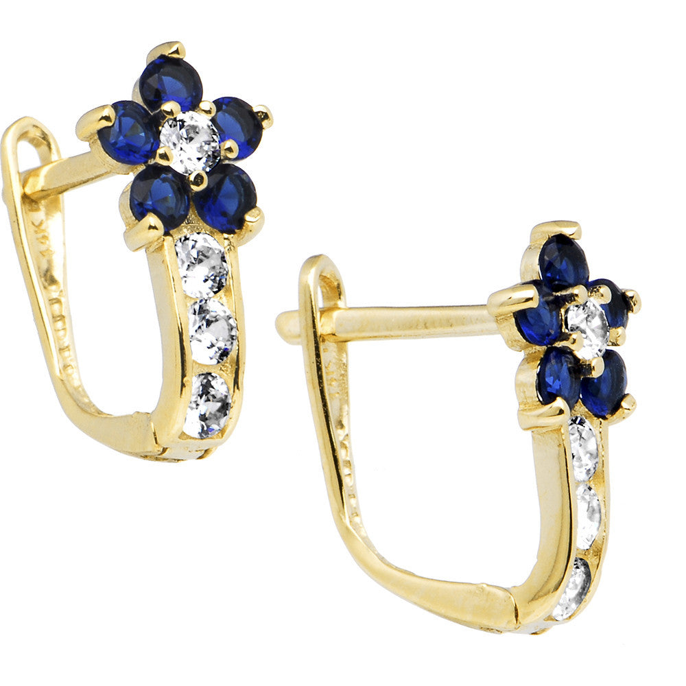 14k Yellow Gold Blue Sapphire Clear Cubic Zirconia Flower Earrings