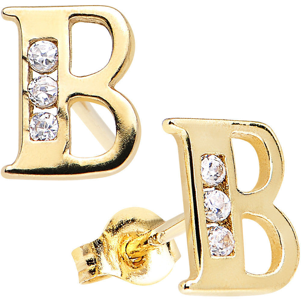 14k Yellow Gold CZ Initial B Stud Earrings