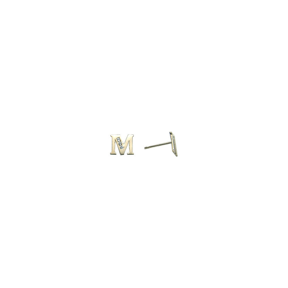 14k Yellow Gold CZ Initial M Stud Earrings