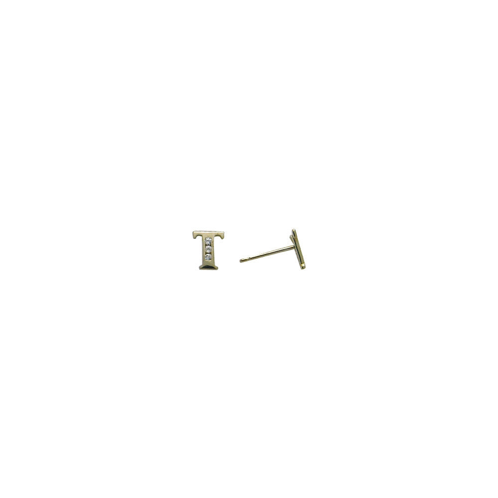 14k Yellow Gold CZ Initial T Stud Earrings