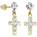 14K Yellow Gold Clear CZ 8mm Cross Dangle Youth Earrings