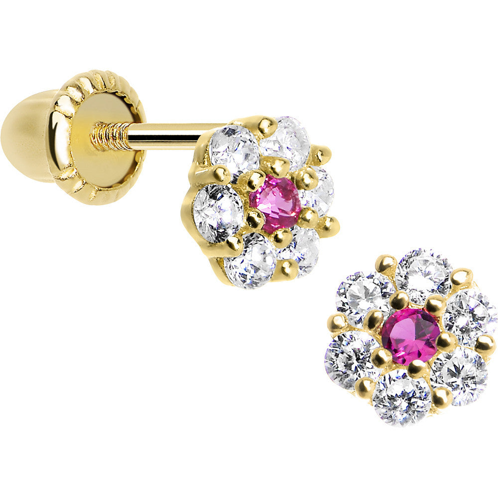 14K Yellow Gold January Birthstone Flower Youth Screwback Earrings