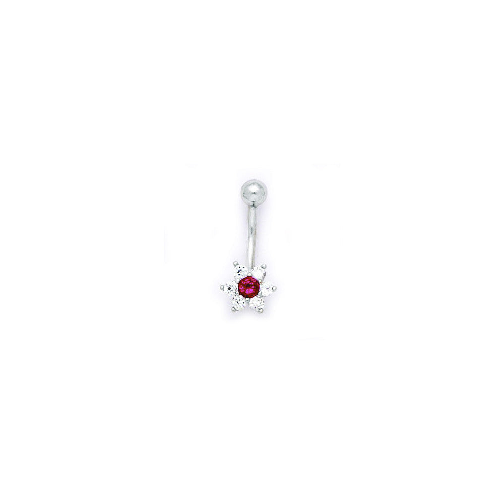 16G Solid 14k White Gold Clear Red Cubic Zirconia Flower Belly Ring