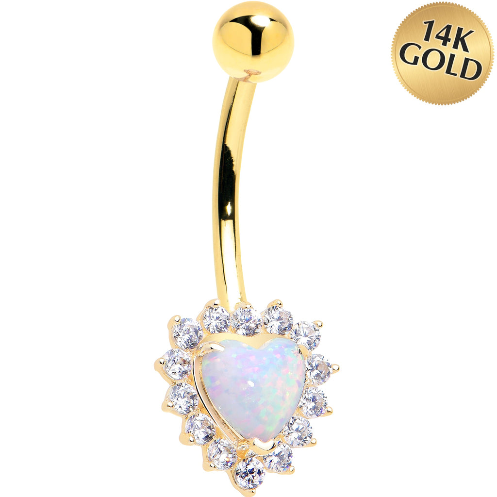 16G Solid 14k Yellow Gold Zirconia Opal Heart Belly Ring