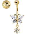 16G Solid 14k Yellow Gold CZ Flower Butterfly Belly Ring